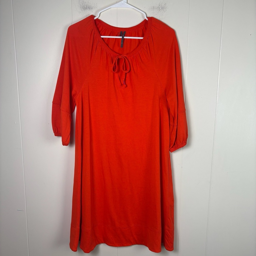 Anthropologie Orange XS Dress Tie Neck 3/4 Sleeve Casual Mini Cotton